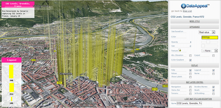DataAppeal Application showcasing datascape of CO2 Levels, in Grenoble France, rendered in light yellow spiky model. Data Source: Sensaris Eco-Senspod, Senaris France.