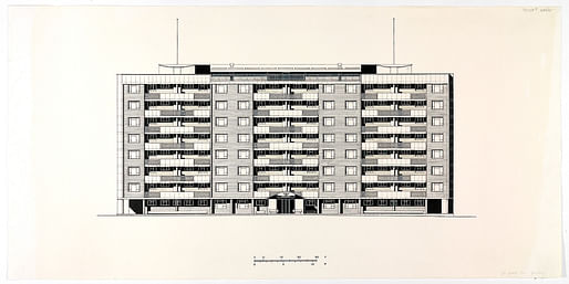 Drawings for publication of the Spa Green Estate, Rosebery Avenue, Finsbury, London, front elevation of 8-story block, 1946 by Skinner Bailey & Lubetkin Tecton. © RIBA Collections.