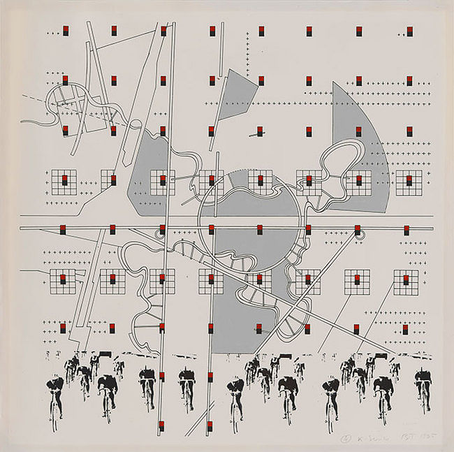 Bernard Tschumi, “#4 K Series,” 1985. Study for “La Case Vide- La Villette,” Folio VIII, 1985. Photostat with hand-applied enamel paint, 16 15:16 x 17”. Collection of the Alvin Boyarsky Archive