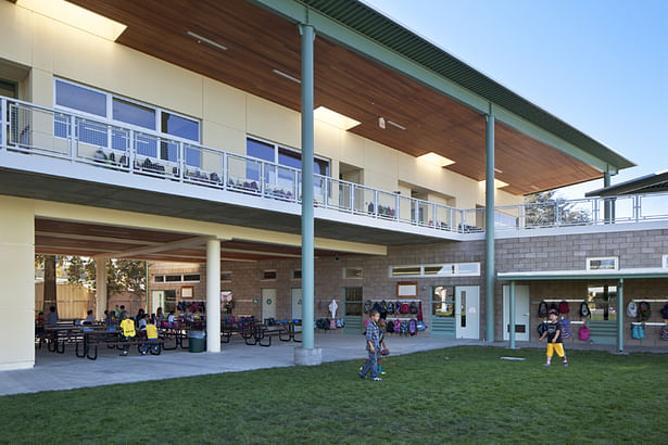 Articulated building has shaded lunch area.