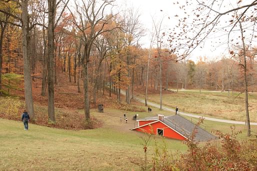 Heather Hart, 'The Oracle of Lacuna' (participation detail, exterior fall), 2017. Wood, tar shingles, paint, steel, iPad, speakers, 12 x 67 x 20 ft. Storm King Art Center, New Windsor, NY. Courtesy of the artist. From the 2019 individual grant to Heather Hart for 'Afrotecture (Re)Collection'