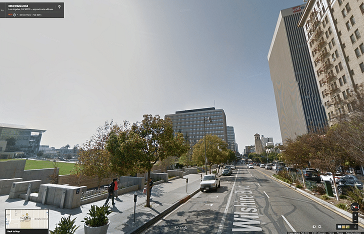 Google Street View of location for 'Ambassador Hotel (3400 Wilshire Blvd)'. The featured address is on the south side of Wilshire Blvd, pictured on the left.