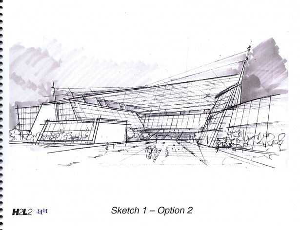 Sketch, view from covered plaza