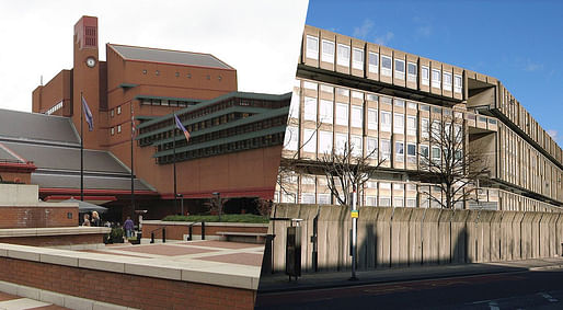 One gets listed, one has to be forgotten: the British Library (left) recently received Grade I protection, while the brutalist Robin Hood Gardens estate failed to get listed and is to be demolished. (Photos via Wikipedia)