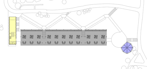 Plan: yellow - Memorial Service Space, grey - Mausoleum, blue - chapel