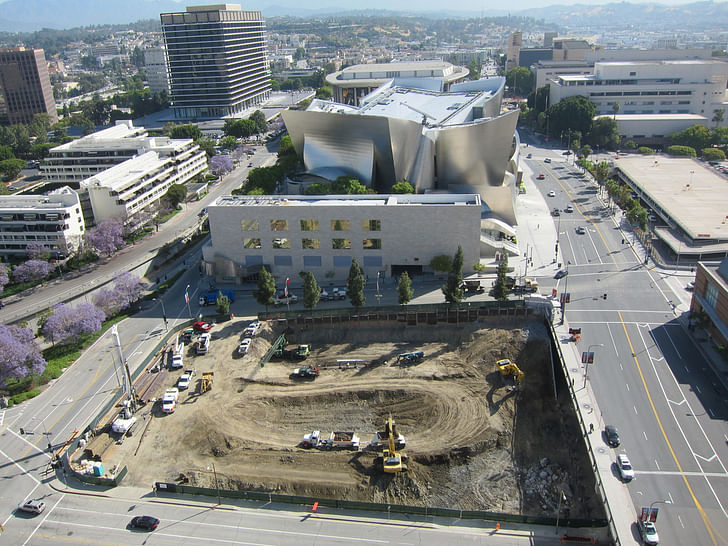 The Broad Museum under construction in May, 2011. Disney Hall is to the north, and just across the street is the future site of Gehry's mixed-user. Image via Calvin Fleming's flickr.