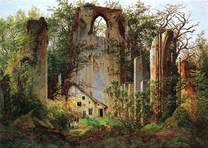 'Ruins of Eldena near Greifswald' by Caspar David Friedrich, 1825, depicting the same site as the previous image.