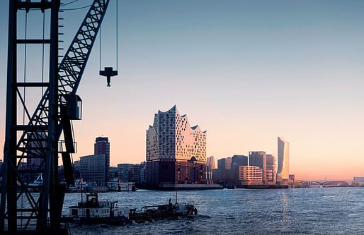 The Elbphilharmonie on Hafencity's western edge with the Elbtower on the eastern tip in the background. Image: David Chipperfield Architects
