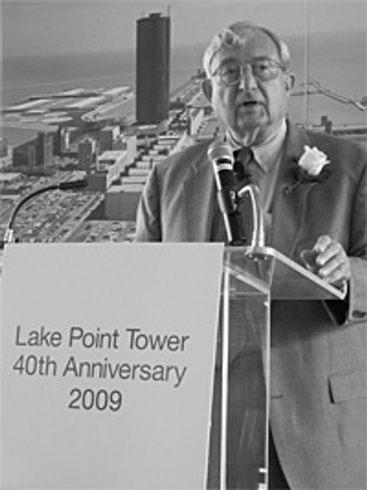 George Schipporeit, who designed Lake Point Tower together with John Heinrich, speaks at the building's 40th Anniversary Celebration in 2009. Photo credit: Lake Point Tower flickr