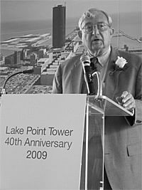 George Schipporeit, who designed Lake Point Tower together with John Heinrich, speaks at the building's 40th Anniversary Celebration in 2009. Photo credit: Lake Point Tower flickr