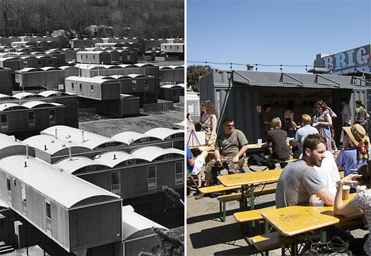 Left: Paul Rudolph, Oriental Masonic Gardens, New Haven, Connecticut, 1968-71. [Photo via Claire T. Carney Library, University of Massachusetts] Right: Biergarten at Proxy, designed by Envelope A+D, San Francisco, 2012. [Photo by Scott Beale, Laughing Squid] 