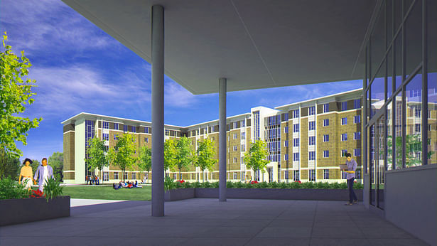 AUM Student Housing - View from Student Commons Porch to Courtyard