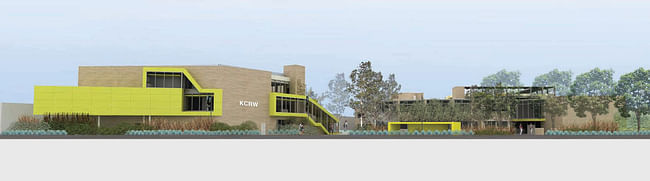 Elevation exterior view of the new Media Center. Rendering courtesy of KCRW. 