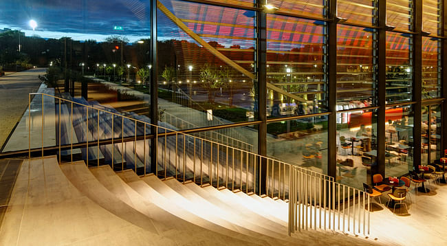 View of pond and stairs from pavillion