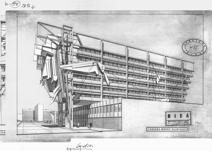 Sarajevo, from War and Architecture, 1993. Proposal for the reconstruction of the Electrical Management Building. Courtesy of Estate of Lebbeus Woods