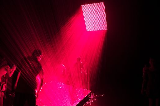 Li Hui, V, 2009; stainless steel, mirror, laser, fog machine; edition 3/3. Promised gift to OCMA from RH, Restoration Hardware. © Li Hui. Pictured: “V” on display at UCCA in 798, Beijing in 2011. Photo: kahumphrey/Flickr.
