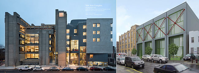 Left: Yale’s 1963 Art and Architecture Building (now Paul Rudolph Hall), which Gwathmey Siegel restored in 2008. Right: Kaufman's Brooklyn project at 100 Bogart Street. Courtesy of Gwathmey Siegel Kaufman & Associates Architects.