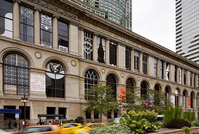 The Chicago Cultural Center, decked out for the Biennial with Norman Kelley's window treatments. Photo by Steve Hall, courtesy of Chicago Architecture Biennial.