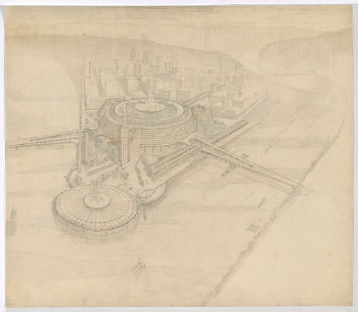 Sketch – Civic Center at Point Park, Birds Eye View. Image courtesy The Frank Lloyd Wright Foundation Archives (The Museum of Modern Art | Avery Architectural & Fine Arts Library, Columbia University, New York)