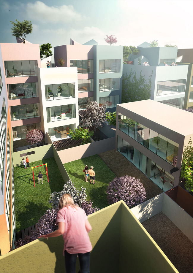 The village-like interior of the block with fruit trees and public and private gardens (Image courtesy of MVRDV)