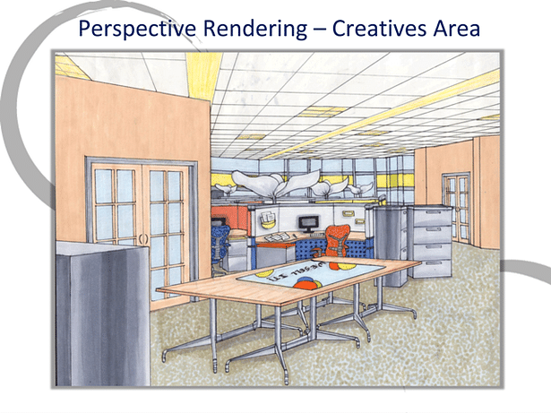 Opened Office Area Perpective Rendering