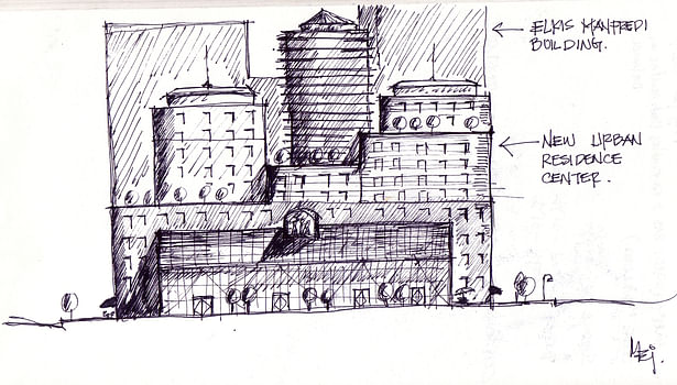 A sketch of my proposed commercial center in the middle of Fenway .