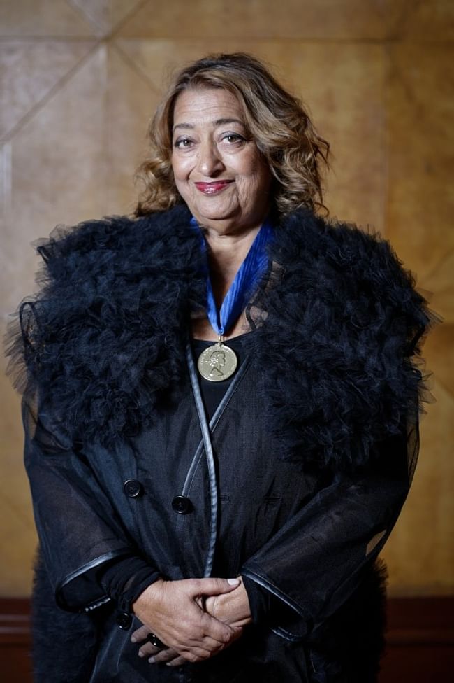 Dame Zaha Hadid DBE, proudly wearing the 2016 RIBA Gold Medal, which she received this past February Photo by Sophie Mutevelian