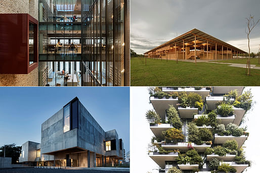 (Top Left) Central European University by O'Donnell + Toumey; (Top Right) Children Village by Rosenbaum + Aleph Zero; (Bottom Left) Toho Gakuen School of Music by Nikken Sekkei; (Bottom Right) Bosco Verticale by Boeri Studio.