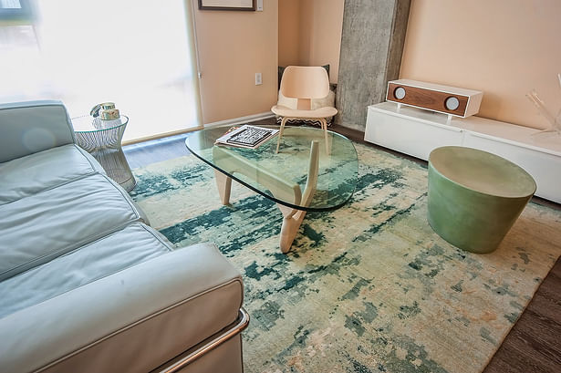 Eames LCW, Corbusier leather sofa, vintage Maya Lin stone, Noguchi table