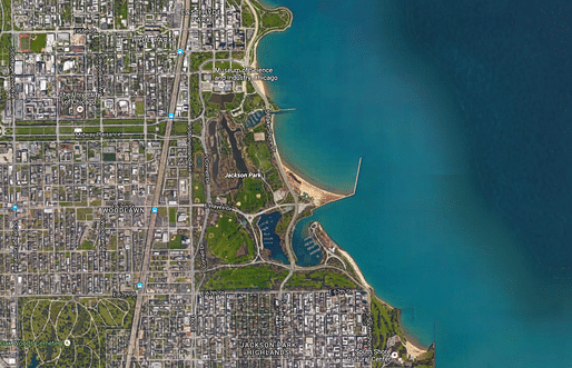 An aerial view of Jackson Park, the future site of the Obama Presidential Center. Image via google maps