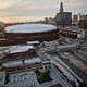 As the sun sets over the Barclays Center arena, a new era is about to begin. The developer says that the 16 towers planned around the arena – almost all residential – will eventually be built in two phases, and the project goals of “Jobs, Housing, Hoops” will be fulfilled. Credit: Victor J. Blue for The New York Times