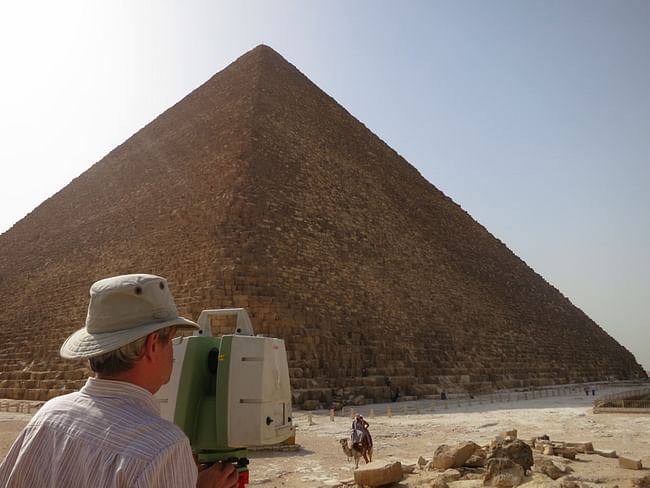 Malcolm Williamson checking the progress of the scans from the Leica C10 scanner at the Great pyramid of Giza. Courtesy of Alex Rowson/Atlantic Productions