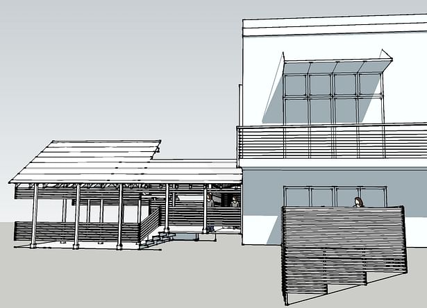 South Elevation, the carport surface for PV and solar thermal, with the existing main house