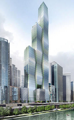 Rendering of the Studio Gang Architects-designed Wanda Vista proposal for downtown Chicago. (Rendering: Studio Gang Architects; Image via chicagotribune.com)