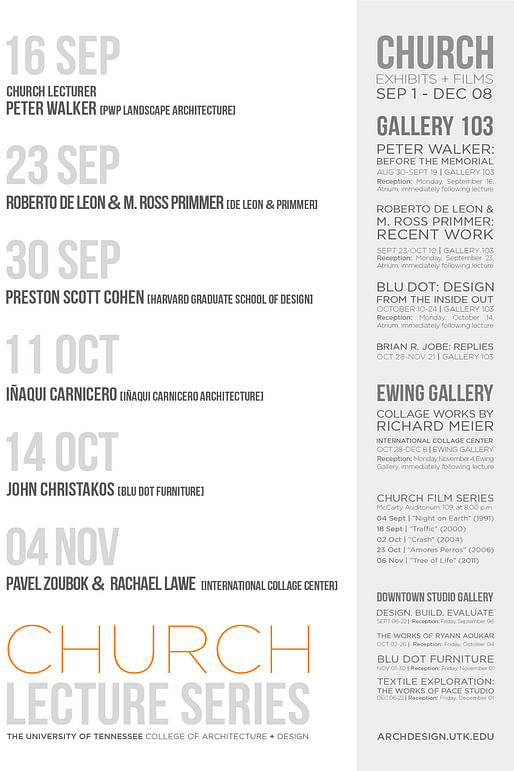 Poster for Church Lecture Series at the University of Tennessee - Knoxville. Image courtesy of UTK College of Architecture and Design.