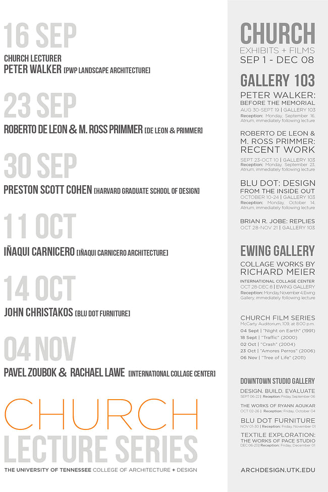 Poster for Church Lecture Series at the University of Tennessee - Knoxville. Image courtesy of UTK College of Architecture and Design.