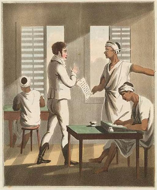 European officer with Indian clerks at a cutcherry, by Charles D'Oyly, 1813. Copyright: British Library Board (V 10573, Plate III).