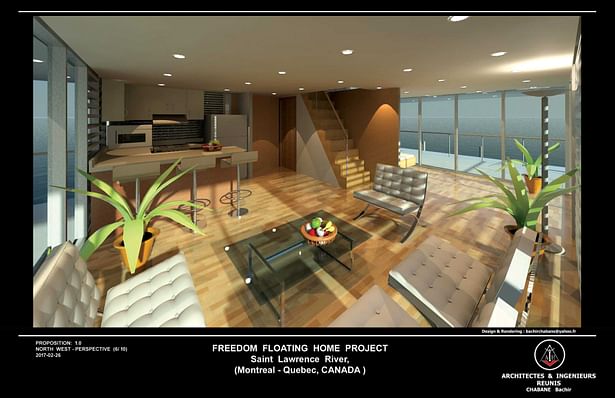 Floating House Case Study : A - 1 (Int. Perspective of Living Room)