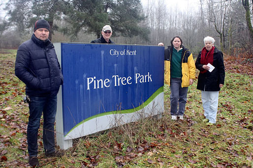 Kent residents Andrey Pristatskiy, Ric Herrick, Traci Dysart and Kristy Herrick oppose a city decision to sell the 10-acre Pine Tree Park to a developer who plans to build 64 homes. Image Credit: Steve Hunter, Kent Reporter
