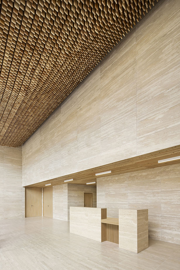 ENTRANCE HALL: Ceiling made of larch strips of different highs suspended vertically in order to compensate the reverberation effect of the stone. 