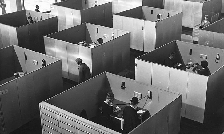 From the exhibition: 'M. Hulot, the protagonist in Jacques Tati's 1967 film Playtime, is continually frustrated by the endless repetition of office cubicles. The drive towards flexibility in both office operations and International Style architecture increasingly produces a bland, featureless and...