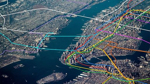 Aerial view of NYC overlayed with it’s transit system. Photo: Dennis Dimick/Flickr. 