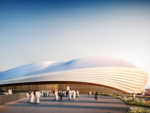 Rendering of El Wakrah Stadium for the World Cup in Qatar. Image by <a href="http://archinect.com/zaha-hadid">Zaha Hadid Architects</a>