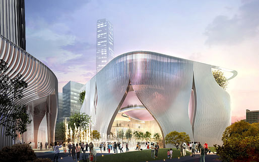 Street level view of Xiqu Centre in relations to piazza (Image: West Kowloon Cultural District Authority)