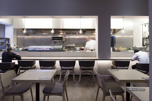 Clean lines used for the sushi bar area. H1298 provides a light feel when under lights
