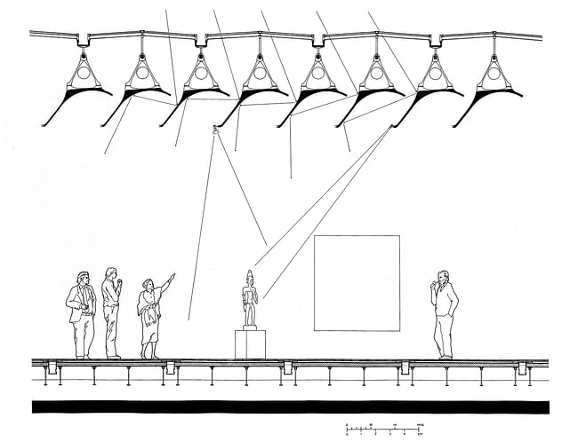 Section of one of the exhibition halls - detail of the “leaves” - from left: Walter Hopps, Paul Winkler, Dominique De Menil and Renzo Piano (Image: Fondazione Renzo Piano)