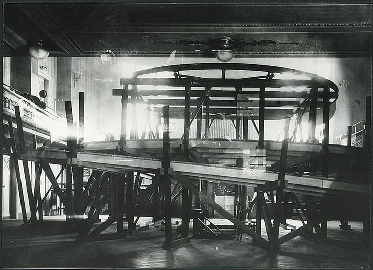 Frederick Kiesler, 'Space Stage', Middle Hall of the Vienna Konzerthaus being set up or dismantled, Vienna 1924