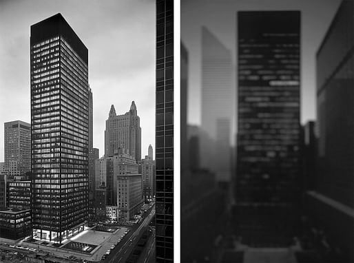 Left: Ezra Stoller's 'Seagram Building' New York, NY, 1958. Image: Yossi Milo Gallery, New York. Right: Hiroshi Sugimoto's Rockefeller Center, 2001. Image: Hiroshi Sugimoto.