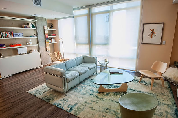 Modern living room with Mid-Century Modern furnishings: Maya Lin, Noguchi, Corbusier, Platner, Eames