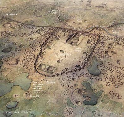 an artist's rendition of the Imperial capital of Cahokia; the city may have supported a population of 15,000, connected to surrounding urban sites with specialized economies